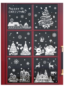 Weiße Weihnachtsfensteraufkleber mit Weihnachtsmann, Rentieren und Schneeflocken