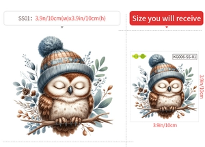 Détail de l'autocollant hibou de 10cm montrant les dimensions et le motif d'oiseau