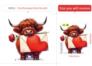Detail of Highland cow switch sticker showing size dimensions and heart letter design