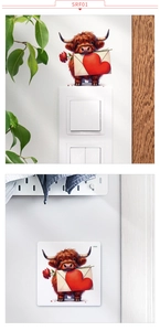Detail of 3D highland cow sticker holding a rose and heart letter on a light switch