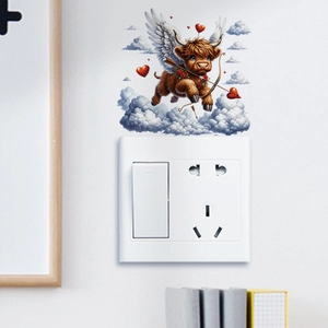 Highland cow cupid wall sticker with red hearts and clouds above light switch