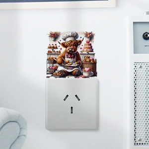 Cartoon Highland Cow baking wall sticker for light switch decor in cozy living room