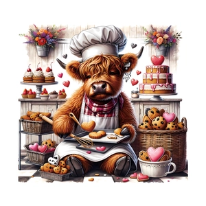 Highland cow chef wall sticker with hearts and cupcakes for kitchen light switch decoration