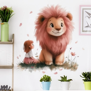 Rosa Cartoon Löwe und Mädchen Wandaufkleber für Valentinstag Home Decor Aquarell Wandbild