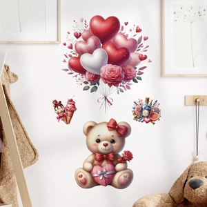 Valentinstag Wandtattoo mit Teddybär, Herzballons und romantischer Flasche mit Love-Motiv
