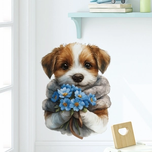 Aquarell-Hund-Wandaufkleber mit blauen Blumen für Bad und Wohnzimmer Deko