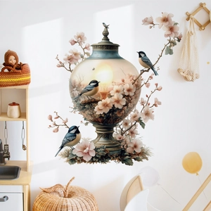 Vintage-Wandtattoo mit Laterne, rosa Blüten und blauen Vögeln für das Wohnzimmer-Dekor