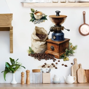 Vintage Kaffeemühle Wandtattoo mit Aquarell-Bohnen und Tasse für die Küche Deko