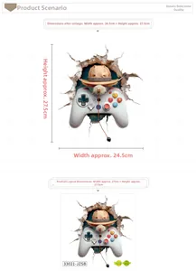 Macro detail of 3D game controller wall decal with dimensions and layout view