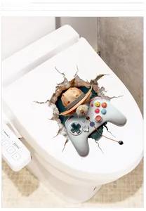 Detail of 3D cracked wall wall sticker featuring a realistic game controller on toilet lid