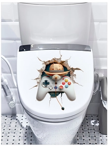 Creative 3D wall breaking hamster gamepad sticker applied on white toilet lid cover decor