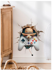 Detailed view of creative 3D game controller wall sticker bursting through white broken wall