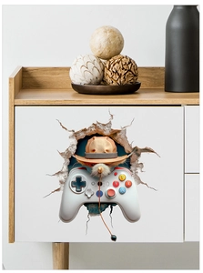 3D wall sticker featuring a cat holding a game controller breaking through a white cabinet