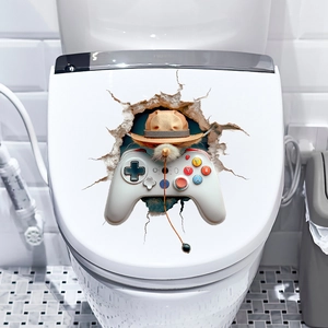 3D cat gamer wall decal with game controller on toilet lid for bathroom decoration