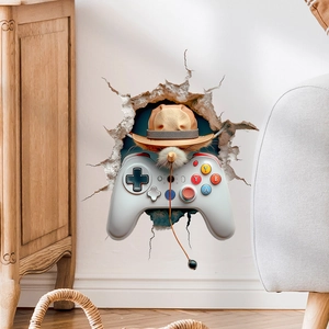 3D visual wall decal featuring a white gamepad with a cowboy hat breaking through a wall