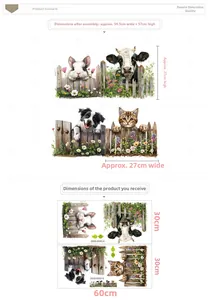 Detail of waterproof PVC cartoon animal wall stickers with bunny and cow behind fence