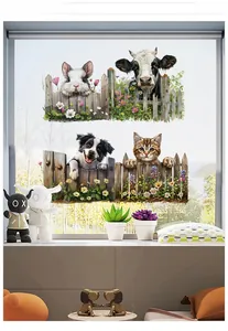 Detail of floral fence wall stickers featuring cute rabbit, cow, dog and cat illustrations