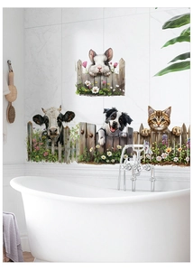 Detail view of cute animal wall decals with flowers and fence on bathroom marble wall