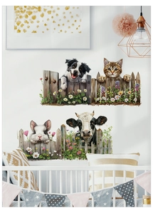 Detail of cartoon animals peeking over fence wall decals for nursery background