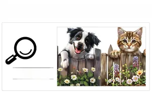 Detail of PVC wall sticker with cat, dog, wooden fence and purple flower bouquet