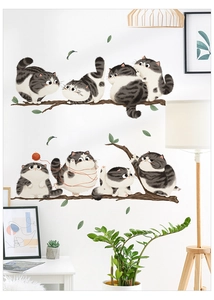 Cartoon cats playing with yarn on branches removable wall sticker for kids' room