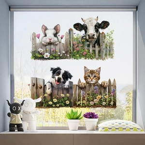 Printed Animal Fence Wall Stickers Removable PVC Floral Rabbit Cat Dog Cow Decals For Kids Room Nursery Background Decor
