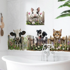 3D animal and floral fence PVC wall decals featuring rabbits and cats for home decor