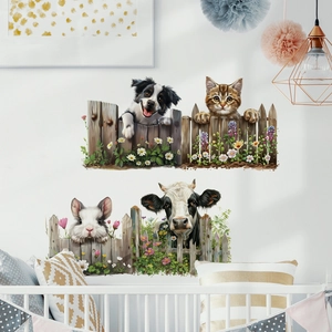 Watercolor fence floral wall decals with cute dog, cat, rabbit, and cow for nursery room decor