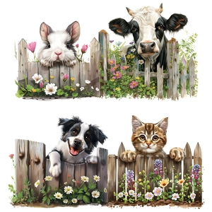 Cartoon animal fence wall decals featuring pets and garden flowers for nursery decor