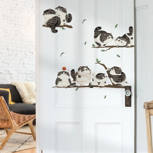 Cute gray striped cartoon cat wall stickers for kids room door in Nordic home decor