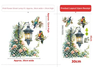 Detail view of vintage street lamp with pink roses and colorful parrot wall stickers