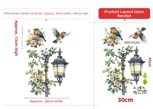 Detailed view of floral wall sticker layout featuring birds and street lamps