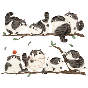Removable cartoon cat wall stickers for kids room featuring playful kittens on branches