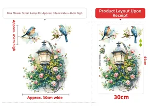 Detail of pink rose and street lamp wall sticker with birds showing 33x44cm dimensions