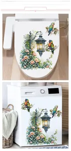 Detail of rose flowers and vintage lamp stickers applied on a toilet lid and washer