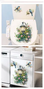 Detail of floral wall stickers with vintage street lamp and birds on white appliances