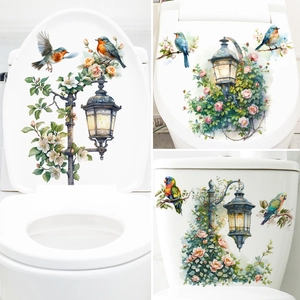 Watercolor Flower Bird Road Lamp Waterproof PVC Toilet Lid Sticker Removable Wall Decal For Bathroom Home Decor Mural