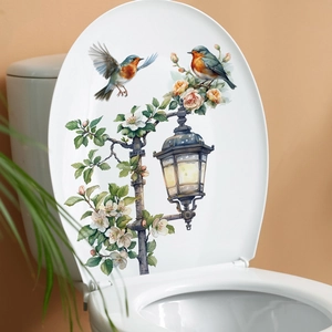 Floral wall decal with birds and street lamp for bathroom and toilet lid decoration