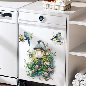 Watercolor rose and bird wall stickers on white appliance for home bathroom decor
