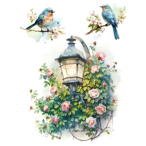 Removable watercolor wall decals featuring vintage garden lamps, roses, and bluebirds