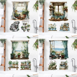 Moderne Wandaufkleber im Aquarellstil mit Topfpflanzen und künstlichem Seeblick-Fenster