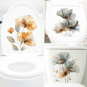 Aquarell-Blumenaufkleber für WC-Deckel mit orangefarbenen und blauen Blüten für Badezimmer