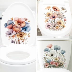 Blumen Aquarell Toilettendeckel Aufkleber mit bunten Mohnblumen und Kosmeen für Bad Deko