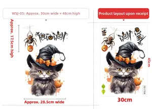 Halloween wall sticker set macro with gray cat, pumpkin and size details 30x45cm