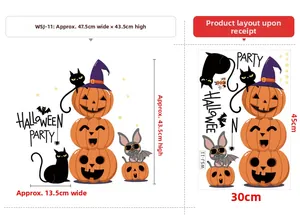 Detail showing Halloween wall stickers dimensions with pumpkins, black cat and bat decals