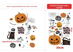 Detailed view of Halloween window stickers with dimensions and various festive decals