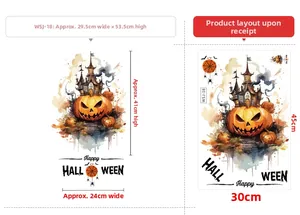 Detail view of Happy Halloween pumpkin and bat wall stickers with sizing measurements