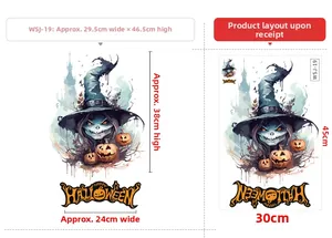 Detail of Halloween window sticker showing witch skull, pumpkin decals and dimensions
