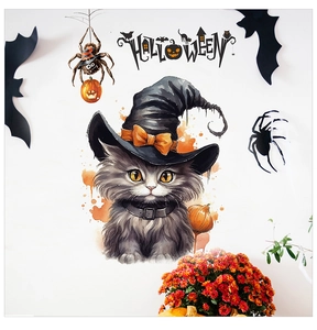 Detail of Halloween wall sticker featuring a grey cat in a wizard hat with spooky bat accents