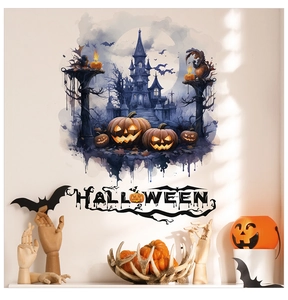 Detailed Halloween wall decal featuring a haunted castle, pumpkin, and bat typography set